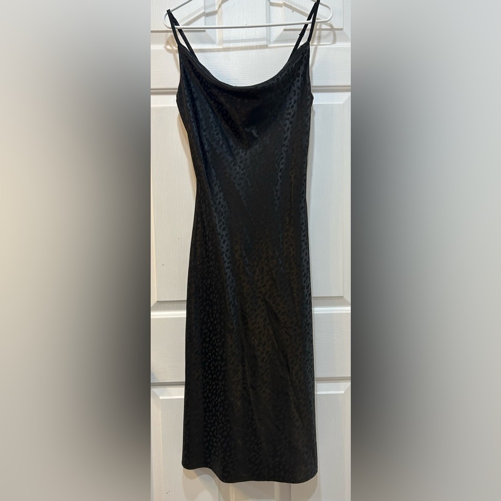 Women's Black Leopard Slip Dress Midi Sateen Pullover Adjustable Strap Sz S